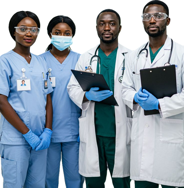 Four Kenyan clinicians in scrubs and lab coats